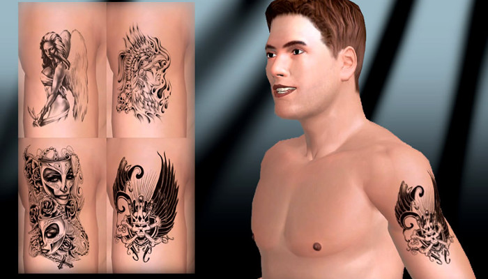 Male avatar beside a panel of selectable tattoo designs.