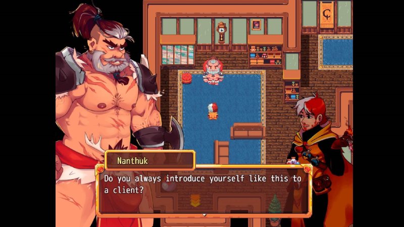 RPG dialogue screen with large muscular character portrait — Bara Giants – Society of Pleasure screenshot.