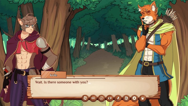 Furry visual novel dialogue with two animal characters in woodland — Burrow of the Fallen Bear screenshot.