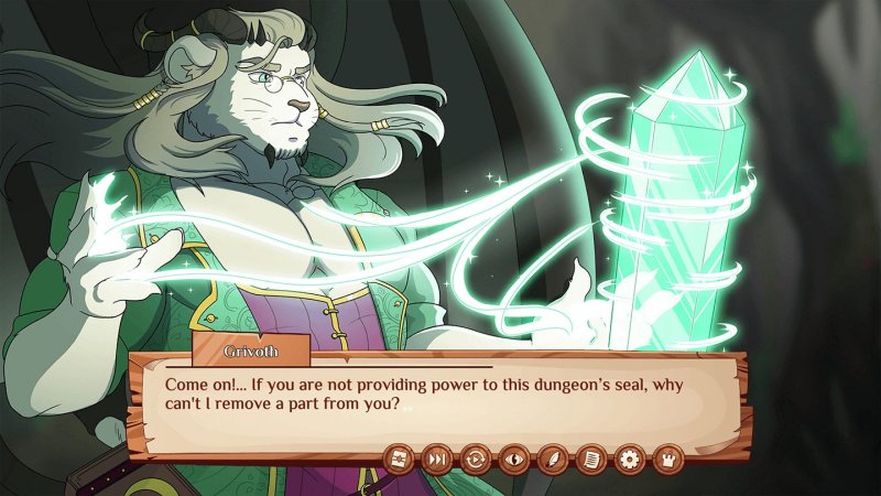 Magical character surrounded by green glowing effects in a dialogue scene — Burrow of the Fallen Bear screenshot.