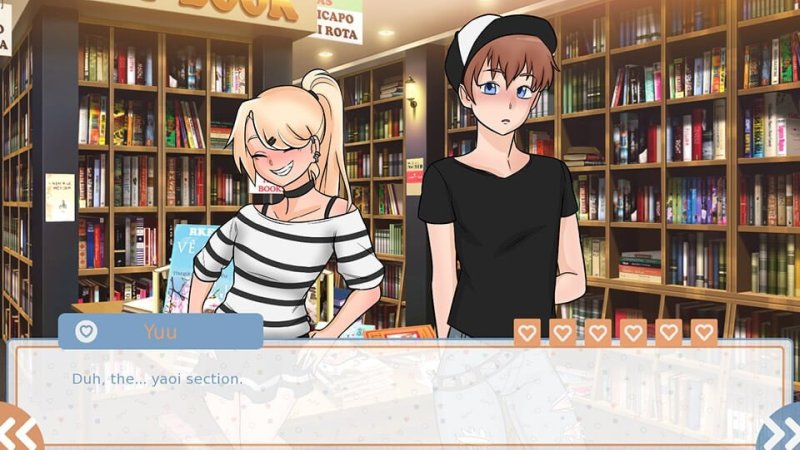 Anime character dialogue inside a book-filled room — Cross Love (Ep.1) screenshot.