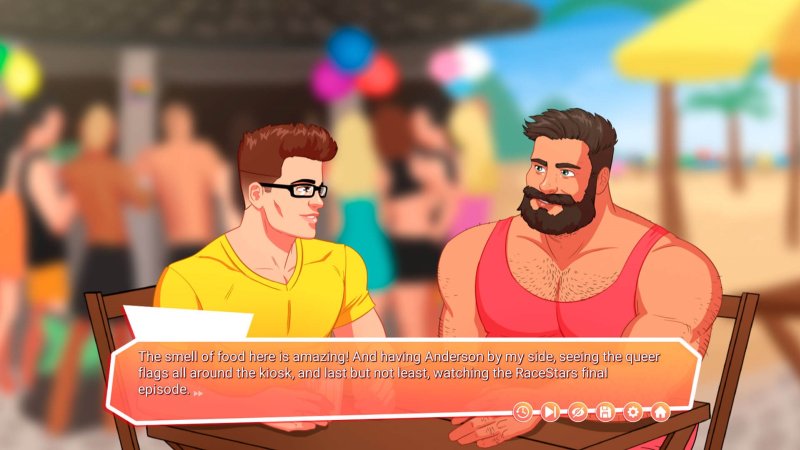 Two muscular adult men talking at a colorful seaside café — Freezer Pops: A Hot Bara Business screenshot.