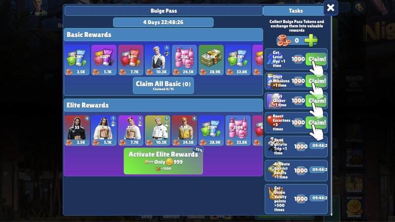 Adult idle game progression chart and character rewards — Idle Studs screenshot.