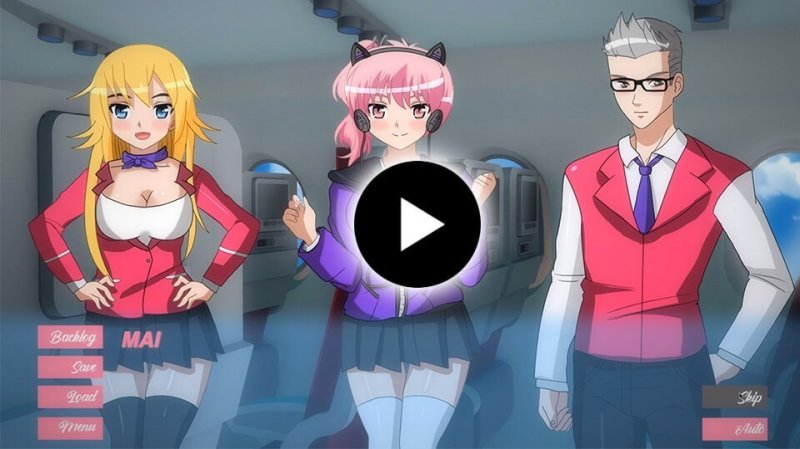 Promotional scene with flight attendants and the play symbol — Pleasure Airlines screenshot.